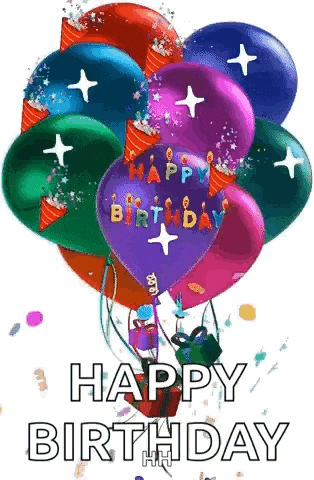 a bunch of colorful balloons with the words `` happy birthday '' written on them are flying in the air .