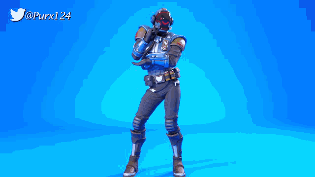 a video game character is standing in front of a blue background with the twitter username purx124