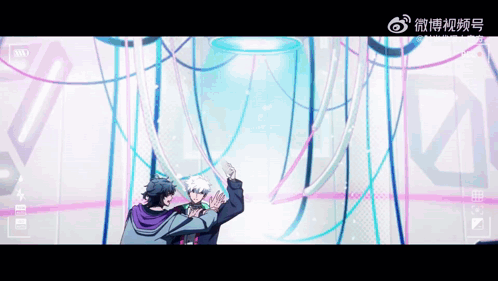 a couple of anime characters are standing next to each other in a room with a lot of wires hanging from the ceiling .
