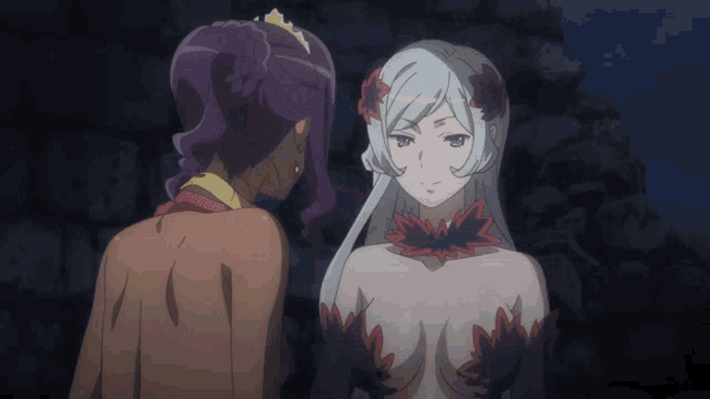 two anime characters are standing next to each other and one has a crown on her head