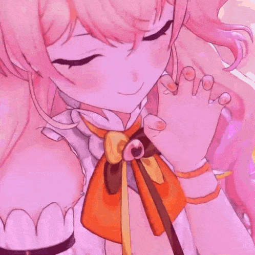 a close up of a pink anime girl with her eyes closed