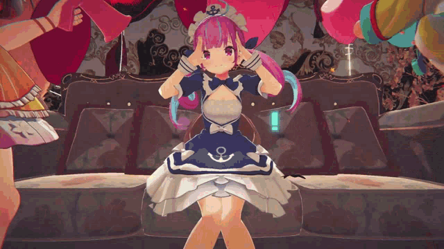 a girl in a maid outfit is standing in front of a couch with balloons