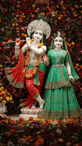 a statue of krishna and radha standing next to each other in front of a wall of flowers