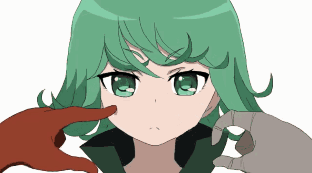 a cartoon character with green hair is being touched by a person 's hand