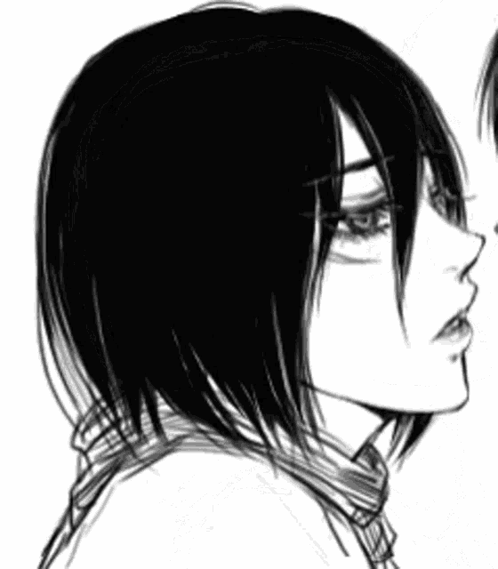 a black and white drawing of a girl with short hair .