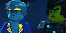 two lego characters are talking to each other and one of them says " he 's the not the brightest is he ? "