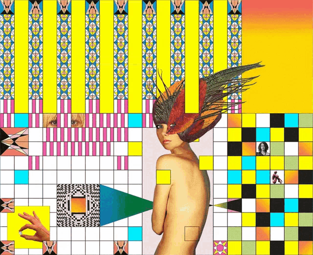 a woman with a feathered hat is surrounded by geometric shapes