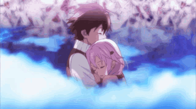 a boy and a girl are hugging each other in a cloudy area