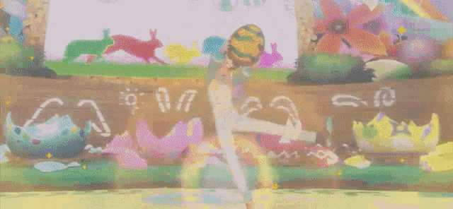 a person is holding an easter egg in front of a wall with easter eggs painted on it