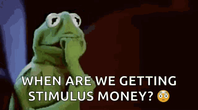 kermit the frog is covering his mouth with his hand and asking when are we getting stimulus money ?