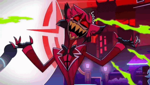 a cartoon character is standing in front of a building with green smoke coming out of his mouth and a red suit .