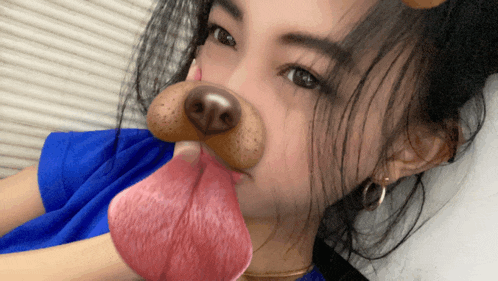 a woman wearing a blue shirt has a fake dog nose on her face