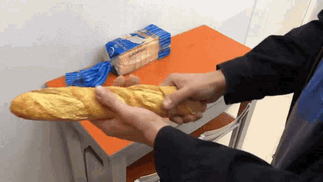 a person holds a loaf of bread in front of a bag of bread