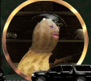 a picture of a monster in a circle with a black suv in the background