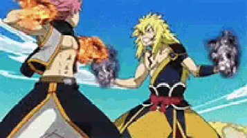two anime characters are fighting each other with fire in their hands