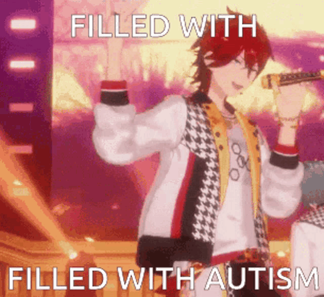 a man is singing into a microphone with the words filled with autism written below him
