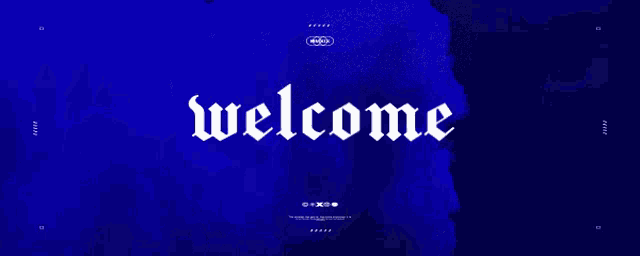 a blue striped background with a white swirl coming out of the middle