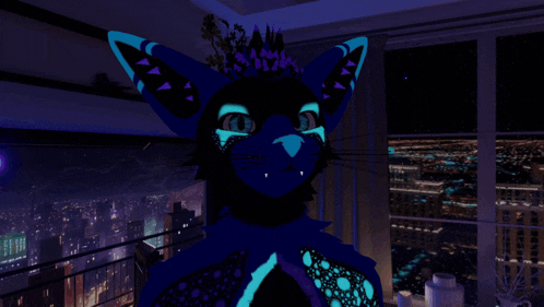 a glow in the dark cat is standing in front of a large window