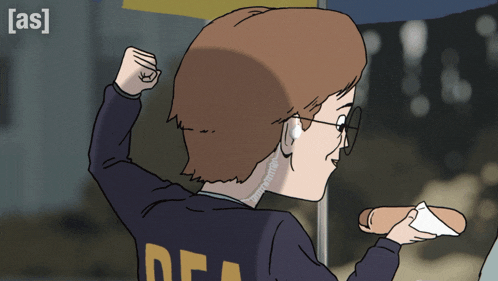 a cartoon of a man holding a hot dog with the letter a on the back