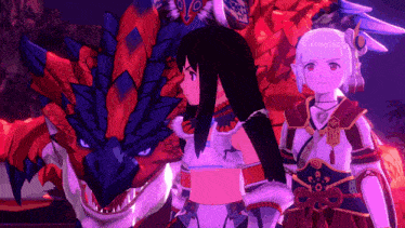 a video game character standing next to a dragon