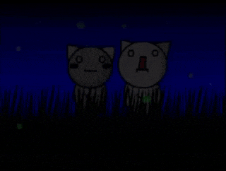 a cartoon of two cats standing in the grass with a blue sky in the background
