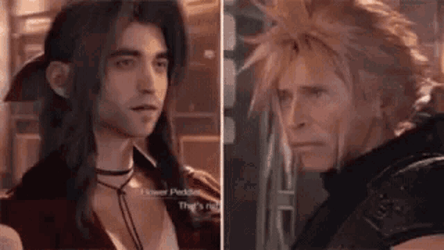 a man with long hair and a woman with short hair are standing next to each other in a video game .