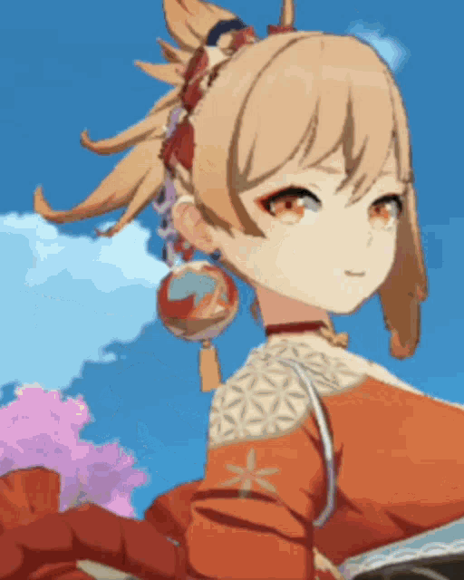 a close up of a cartoon character with a ponytail and a lantern in her hair .