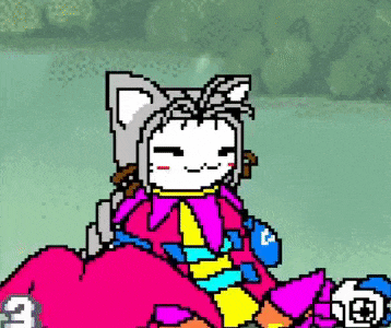 a pixel art drawing of a cat wearing a hat and a pink dress .