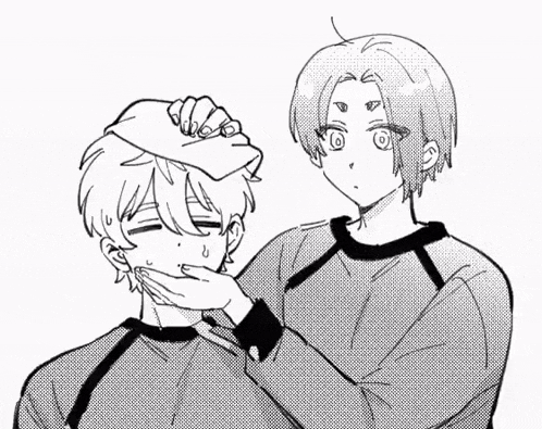 a black and white drawing of two anime characters .