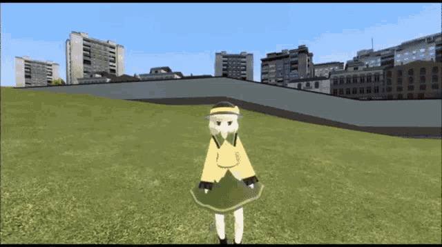 a girl in a yellow and green dress is standing in a field with buildings in the background