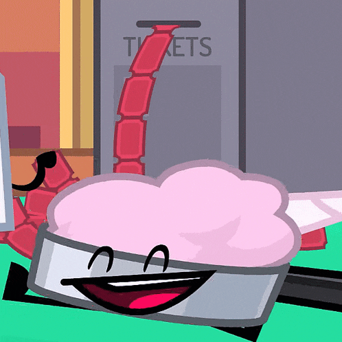 a cartoon character is smiling in front of a sign that says " tickets "