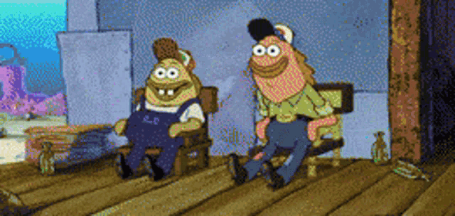 a pixelated cartoon of a man sitting in a chair and another man standing