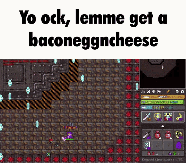 a screenshot of a video game that says yo ock lemme get a baconeggn cheese