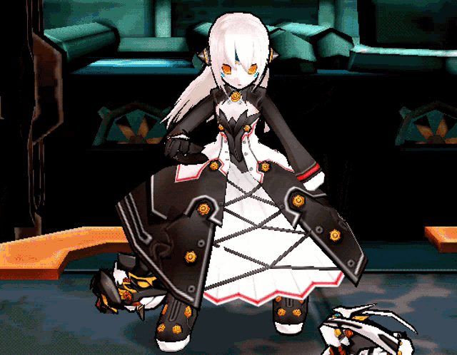 a cartoon character in a black and white dress with a shield