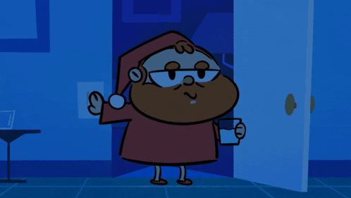 a cartoon character with a beard and glasses is standing in an open doorway