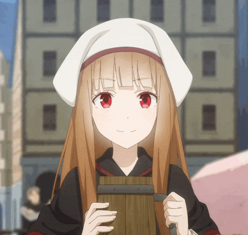 a girl with long brown hair and red eyes is holding a wooden barrel