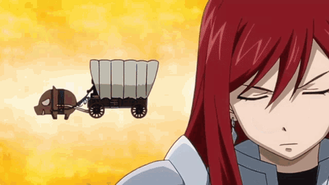a girl with red hair is standing in front of a pig pulling a wagon