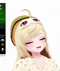 a girl wearing a hamburger hat and goggles is smiling