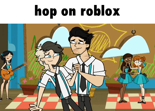 a cartoon with the words hop on roblox on the bottom