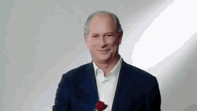 a man in a suit is holding a red rose in his hand and smiling .