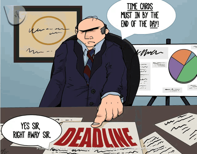 a cartoon shows a man pointing at a sign that says deadline