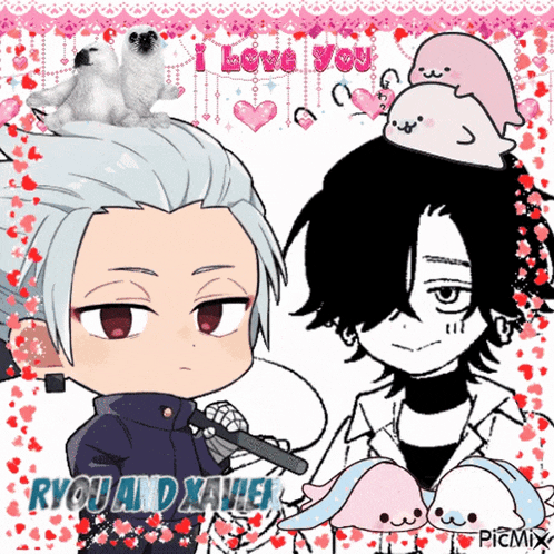 a couple of anime characters with the words ryou and xavier written on the bottom