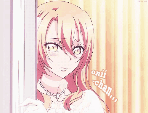 a girl in a white dress is peeking out from behind a door and says " onii chan "