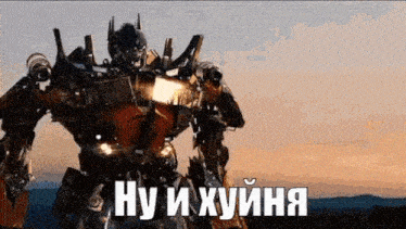a robot is standing in the middle of a field with the words `` ну и хуйня '' in russian .