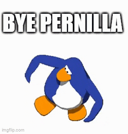 a blue and orange penguin is dancing with the words bye pernilla above it .