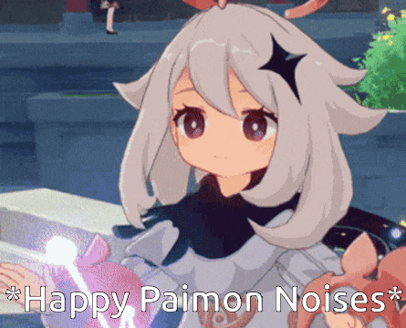 a picture of a girl with the words " happy paimon noises " on it