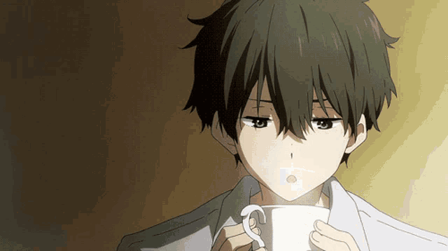 a boy with a surprised look on his face is holding a cup