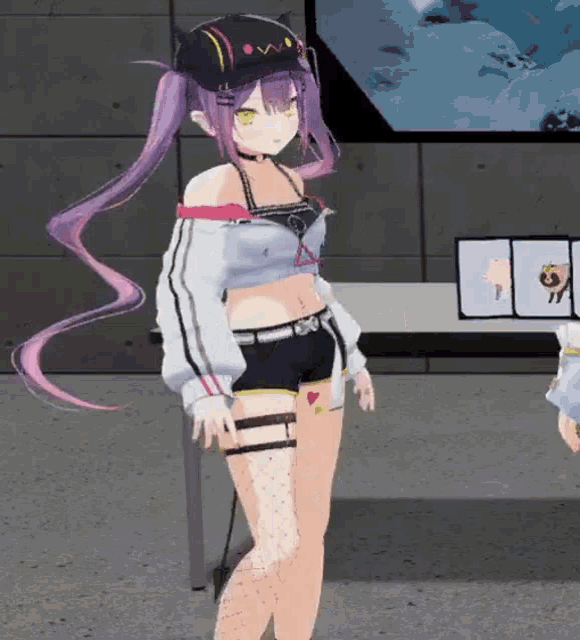 a 3d anime girl with purple hair and a black hat is standing in front of a table .