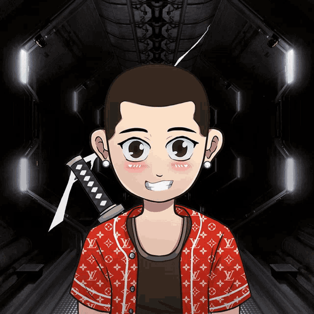 a cartoon character with a louis vuitton shirt on holding a sword