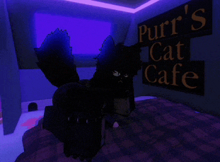 a cat is standing in front of a sign for purr 's cat cafe
